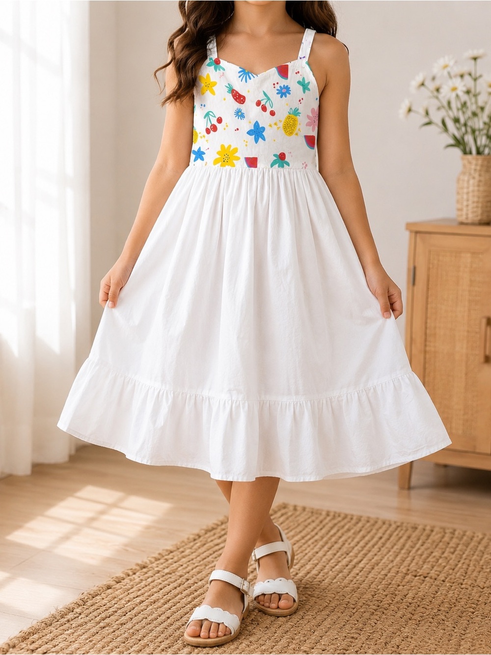 Girls White Sundress with Colorful Floral Bodice and Straps